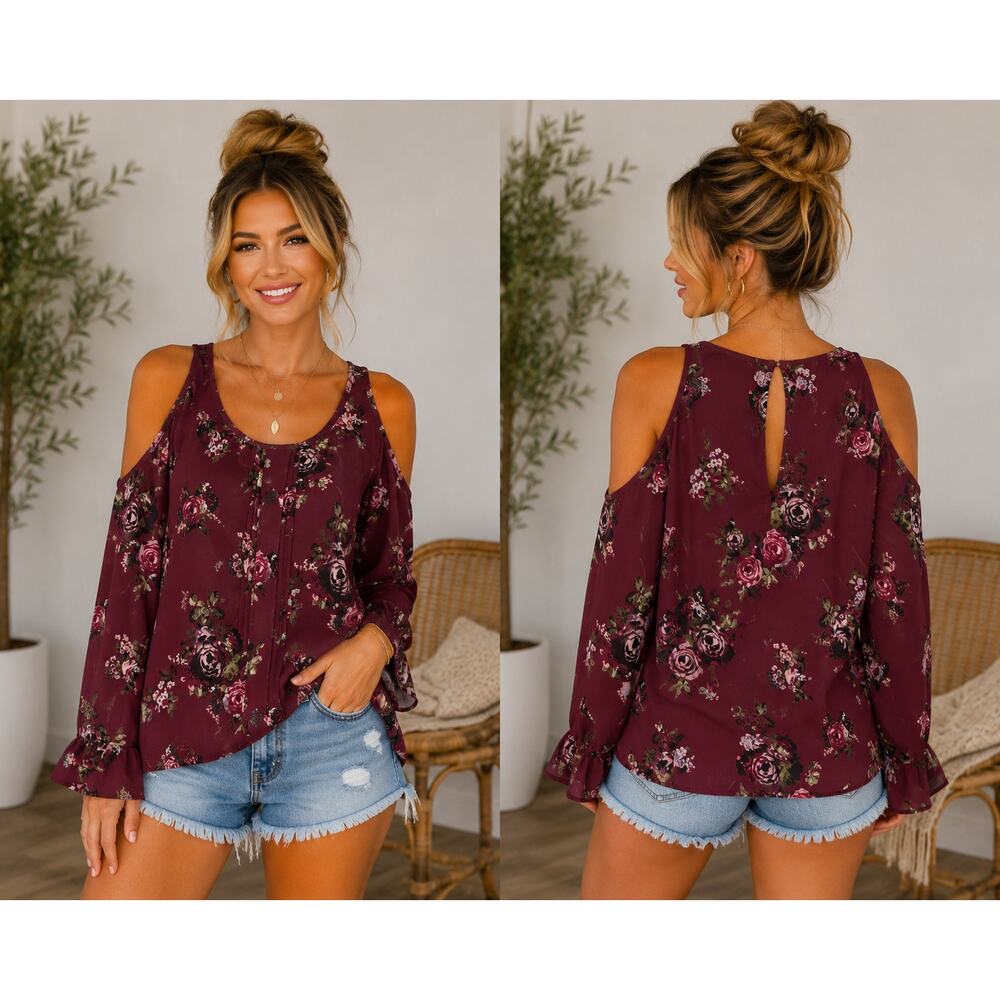 Takara Floral Cold Shoulder Blouse Size Medium Burgundy Sheer Boho Top